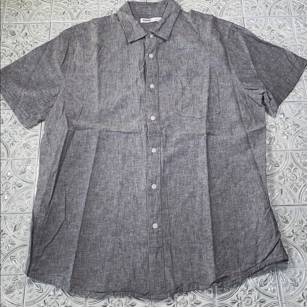 Sonoma Mens Gray Linen Cotton Blend Short Sleeve Button Down Casual Shirt L